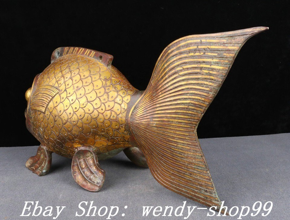 Old China Dynasty Bronze Ware Gilt inscription Word Fish Goldfish
