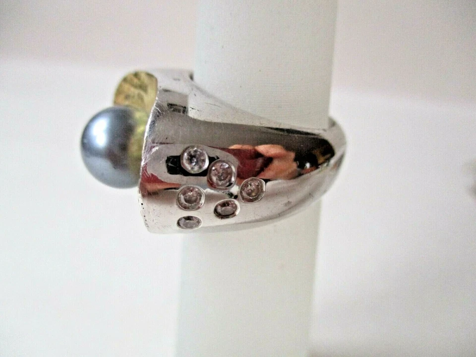 Argento 925 sterling anello con perla nera e strass g 24 - Immagine 3 di 4