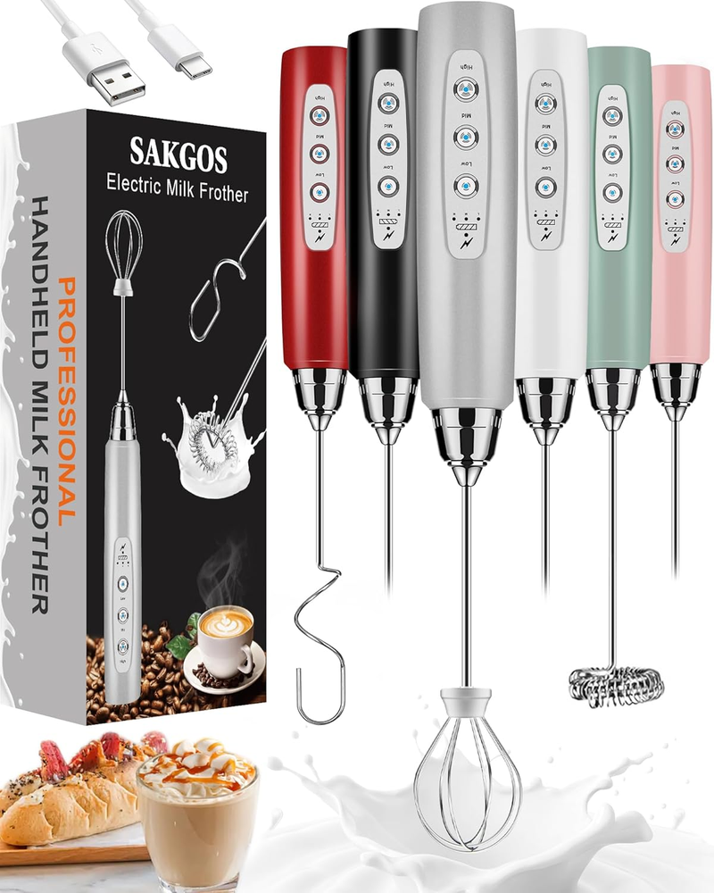 Milk Frother Rechargeable Handheld-Electric Whisk 3 Speed Adjustable, Coffee Fro