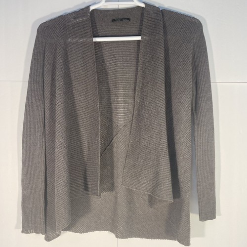Eileen Fisher Wool Rib Open Front Drape Cardigan Medium Women Brown Lightweight