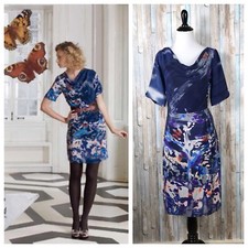 Anthropologie 0 Blue Printed Cowl Neck 100% Silk Japonica Sheath Dress $168