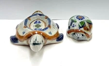 x2 Vintage Tonala Mexican Pottery Art - Shelled Turtle and Ashtray - Signed (M)