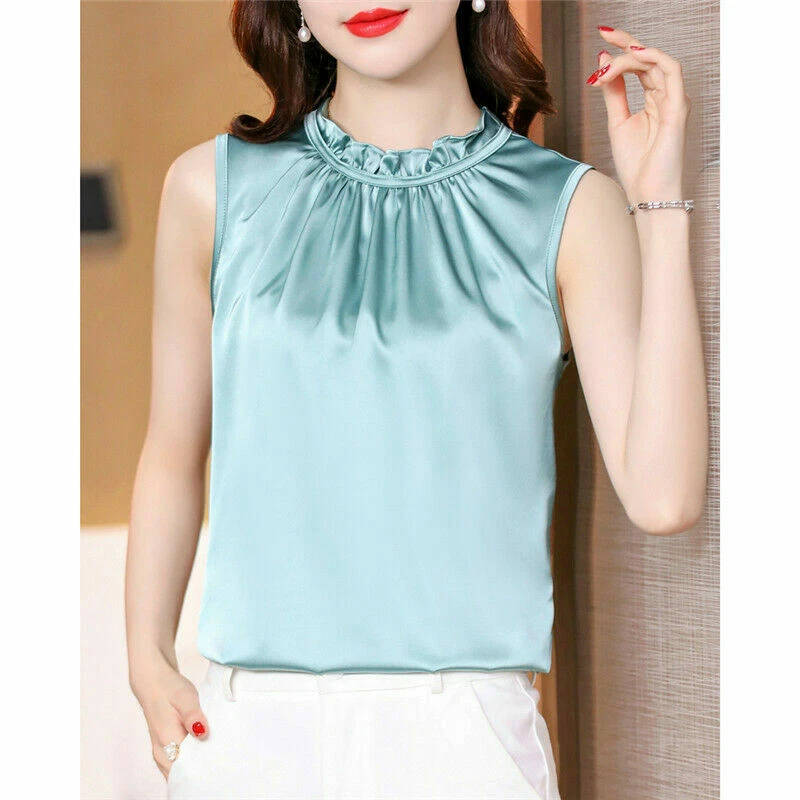 Women Frills Collar Ruched Satin Sleeveless Tank Top Camisole Top Blouse T Shirt