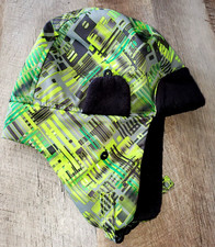 OBERMEYER boys LARGE/LX black green WINTER HAT TRAPPER FLEECE LINED PRINT NICE