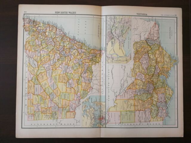 MAPPA ANTICA - ATLANTE BARTOLOMEO - PAGINA 115-116- NUOVO WALES DEL SUD VICTORIA-1898-