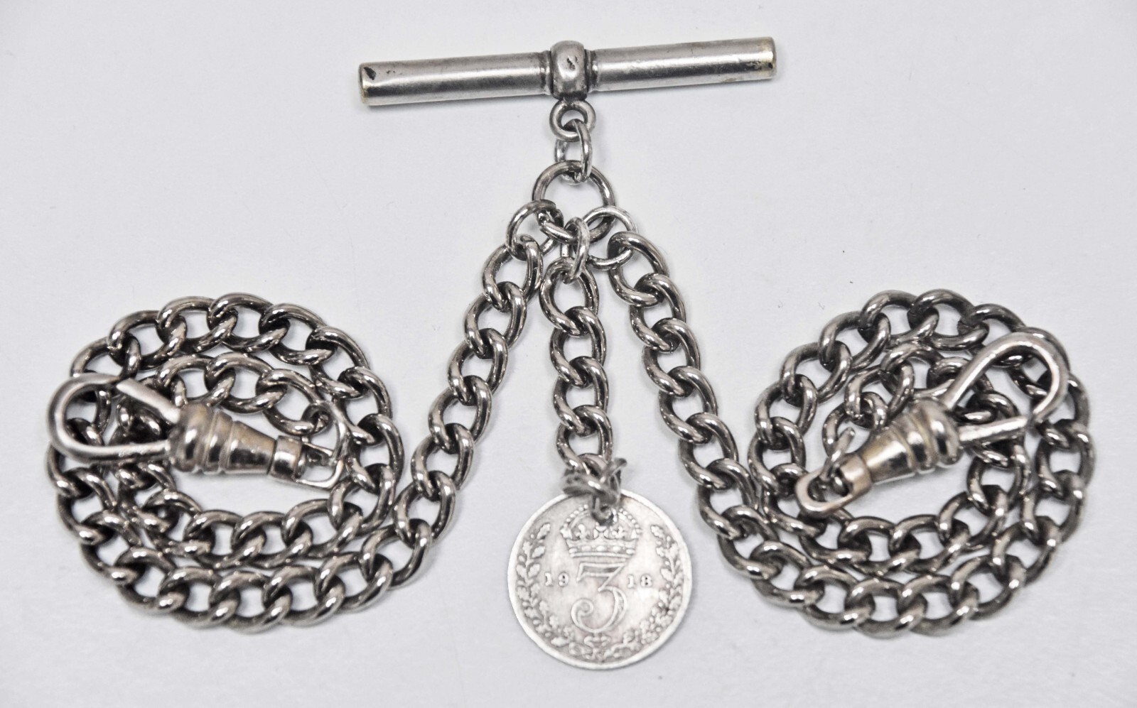 VINTAGE/ANTIQUE DOUBLE ALBERT POCKET WATCH CHAIN + 1918 SILVER COIN FOB