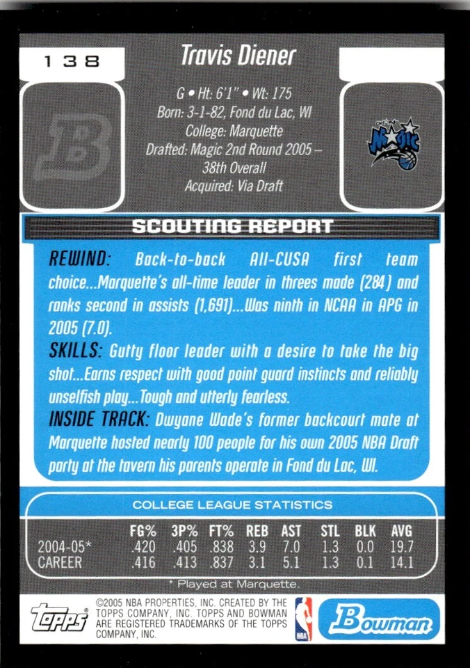 2005-06 BOWMAN DRAFT PICKS AND PROSPECTS Travis Diener Orlando Magic - Image 2 of 2