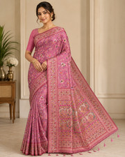 Pink Floral Pashmina Silk Saree Elegant Kashmiri Inspired Weaving Soft Luxur