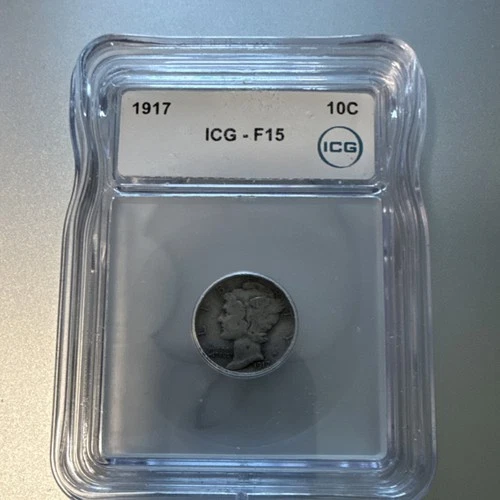 1917 Mercury Dime ICG F15 Circulated Business Strike Silver 10C Certified Coin