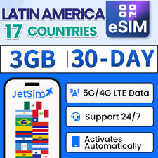 JetSim Latin America eSIM 30 Days 3GB High-Speed Data, Travel 17 Countries SIM