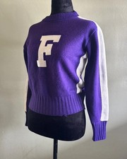 1960s Women  s VARSITY Cheerleader SWEATER.small.purple/white trim.orlon