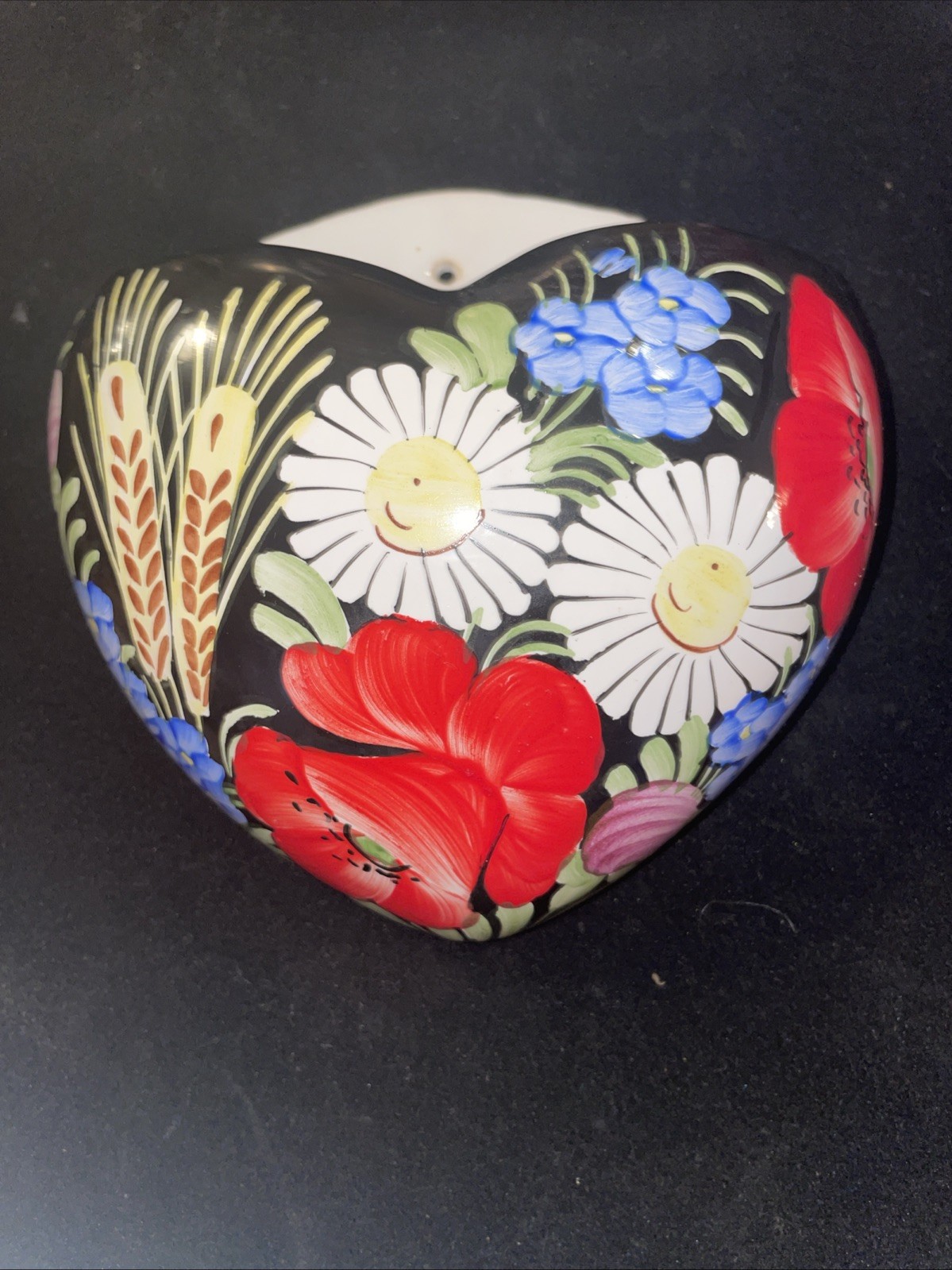 VTG Czech Wall Pocket Pottery Heart Shape Floral Black Chodovia Hand Painted