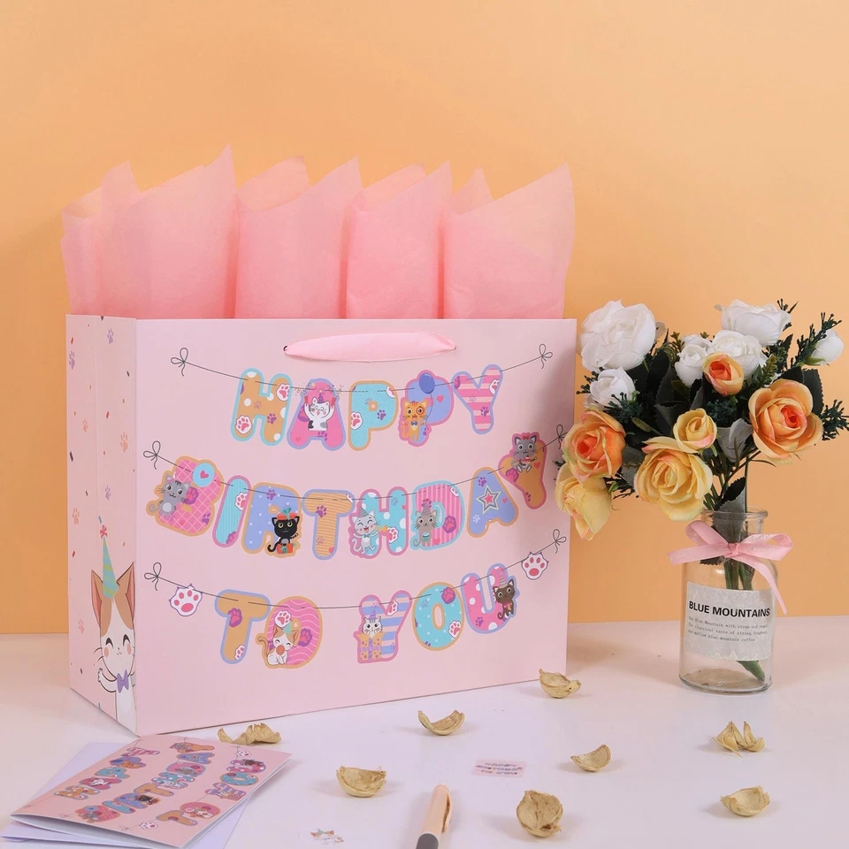 Cat Kraft Paper Party Favor Bag, 13-inch Pink Birthday Gift Bag Set - Image 3 of 4