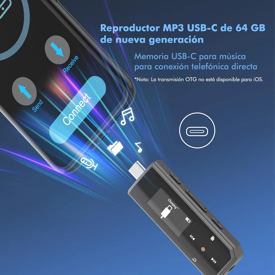 64GB Reproductor MP3 de Bluetooth 5.3 ，Memoria USB Tipo-C y con Clip Portátil, c - Imagen 3 de 4