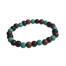 Natural Wood Blue Bead Stretch Bracelet Handmade Unique Elastic Design Gift