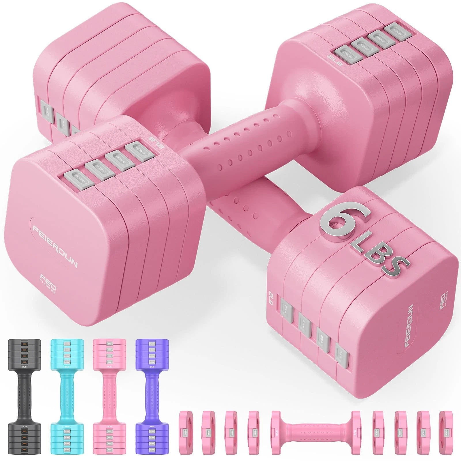 FEIERDUN 5in1 Adjustable Dumbbell Set of 2, 12LBS/6LBS Hand Weights for Women...