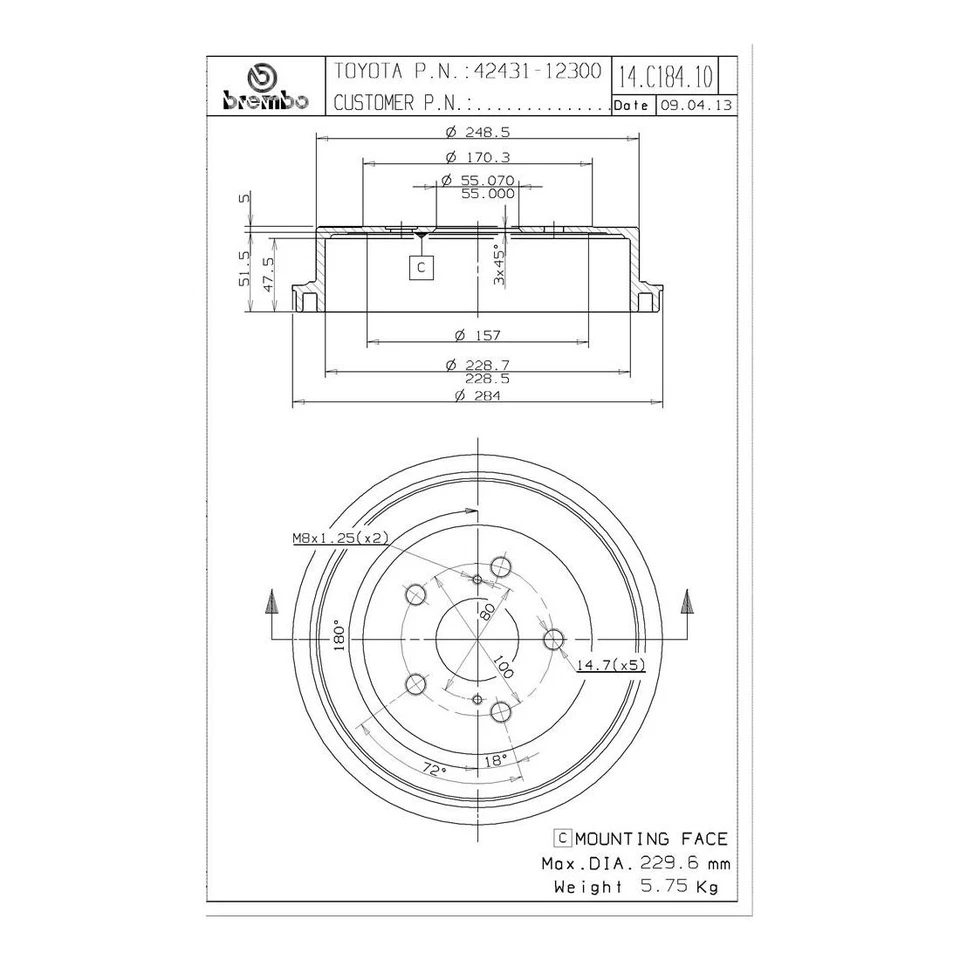 Rear Brake Drum for 2009 2010 2011 2012 2013 2014 2015 2018 2019 Toyota Corolla - Image 2 of 3