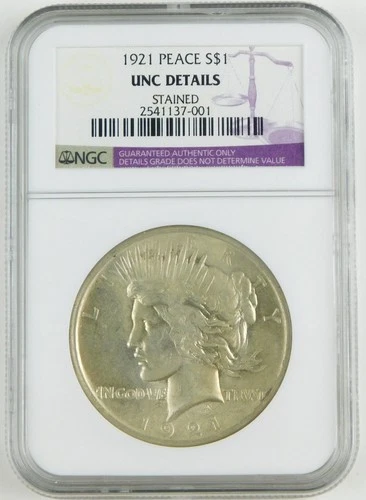 1921 $1 Peace Silver Dollar NGC UNC Details Stained Uncirculated Coin C4281