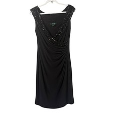 Lauren Ralph Lauren Evening Sequin Cocktail Dress Size 10 Black Ruched Sheath