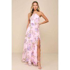 Lulus Romantic Marvel Light Pink Floral Print Halter Neck Maxi Dress Size Small