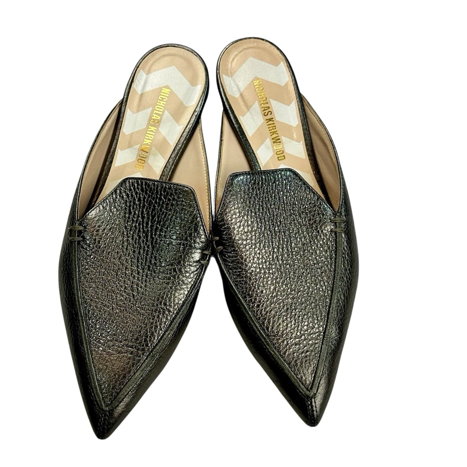 Nicholas Kirkwood BEYA Pewter Leather Pointed Toe Slip On Flats Size 38.5 / 8 US - Image 3 of 4
