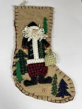 Vintage Tan Primitive Penny Felt Applique Christmas Stocking Santa Clause