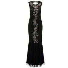 Black Evening Dress-Embellished-Beaded Leaf Design-Fishtail Hem-10