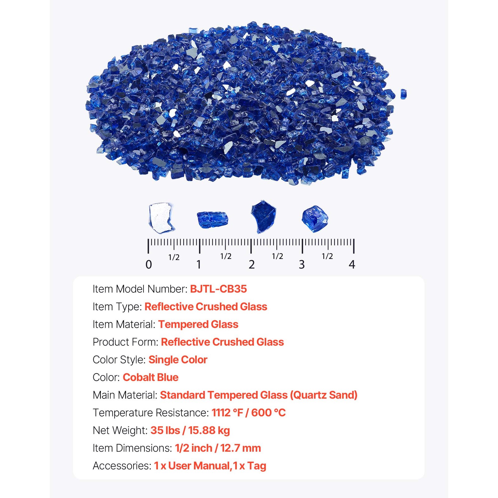 Uimoso 35 lbs Cobalt Blue 1/2-Inch Glass Rocks for Fire Pit or Fireplace