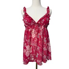 Vintage Victoria's Secret Silk Babydoll Camisole Womens L Pink Floral Ruffle Y2K