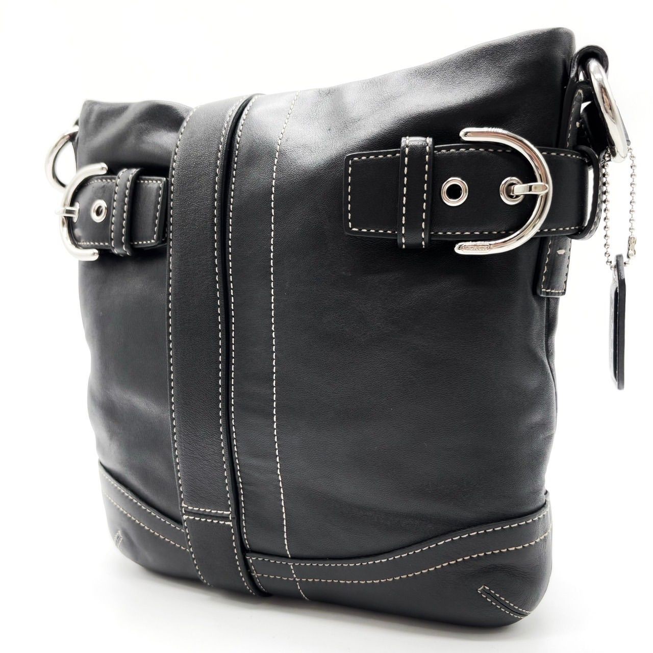 COACH shoulder tote bag with silver buckle hardware logo embossed charm detailing