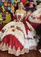 White And Red Quinceanera Dress Charro Mexican Princess Sweet 16 Dresses Prom