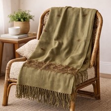 Embroidered Pashmina Scarf Wrap Fringe Tan Paisley Boho 57x23