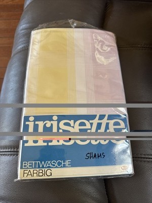 NOS Vtg Irisette Pair Euro Sham Cotton Germany Pastel Plaid Fantasie Pattern 