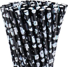200Pcs Halloween Paper Straws Iridescent Ghost Disposable Straws Black Silver