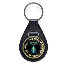 US Army Special Forces Veteran Black Leather Keychain Silver Keyring