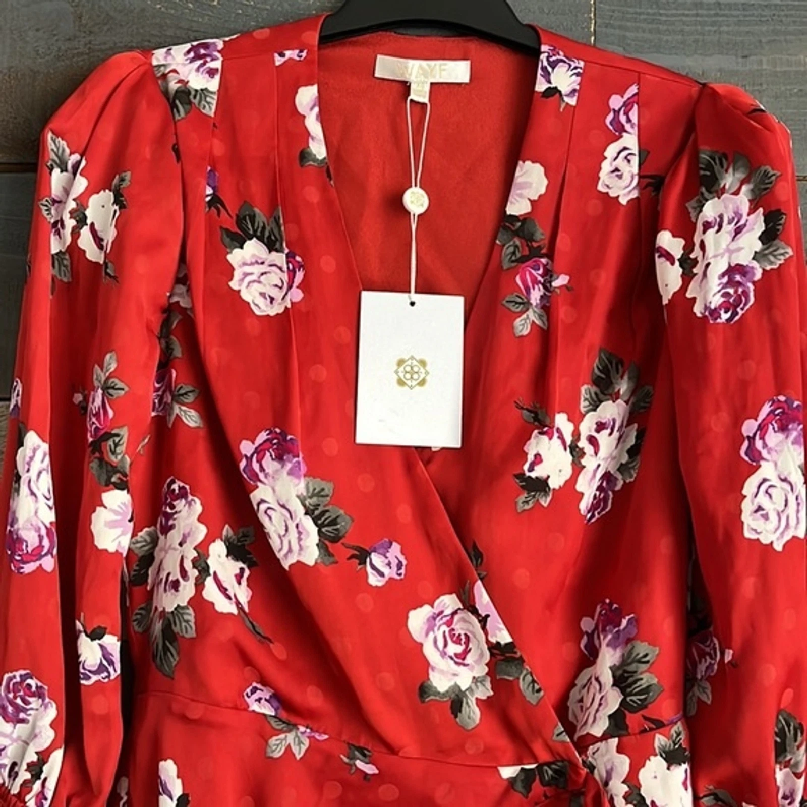 VETEMENTS WAYF Mini Abito Rosso Rose Ruffle Avvolgente Maniche Lunghe a Sbuffo XS