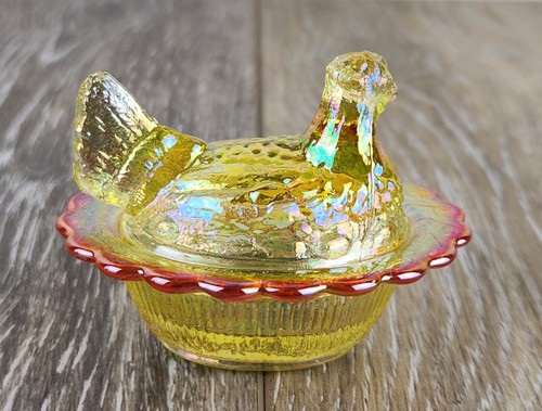 Marigold Carnival Glass Mini Hen on Nest Covered Salt Cellar Dish 3" -Glows! - Picture 4 of 8