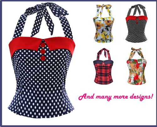 Retro Pin Up Polka Dot Halter Top 50s 60s Vintage Plaid Corset Rockabilly Top - Bild 1 von 20