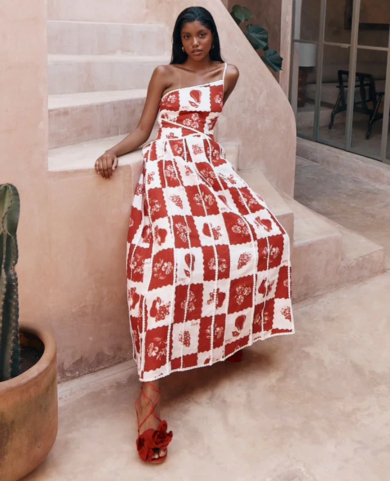 Maxi Falda Sabo Vestido Zaco Kyoho Talla Grande Un Hombro Lino Rojo Largo Foto 4 de 4