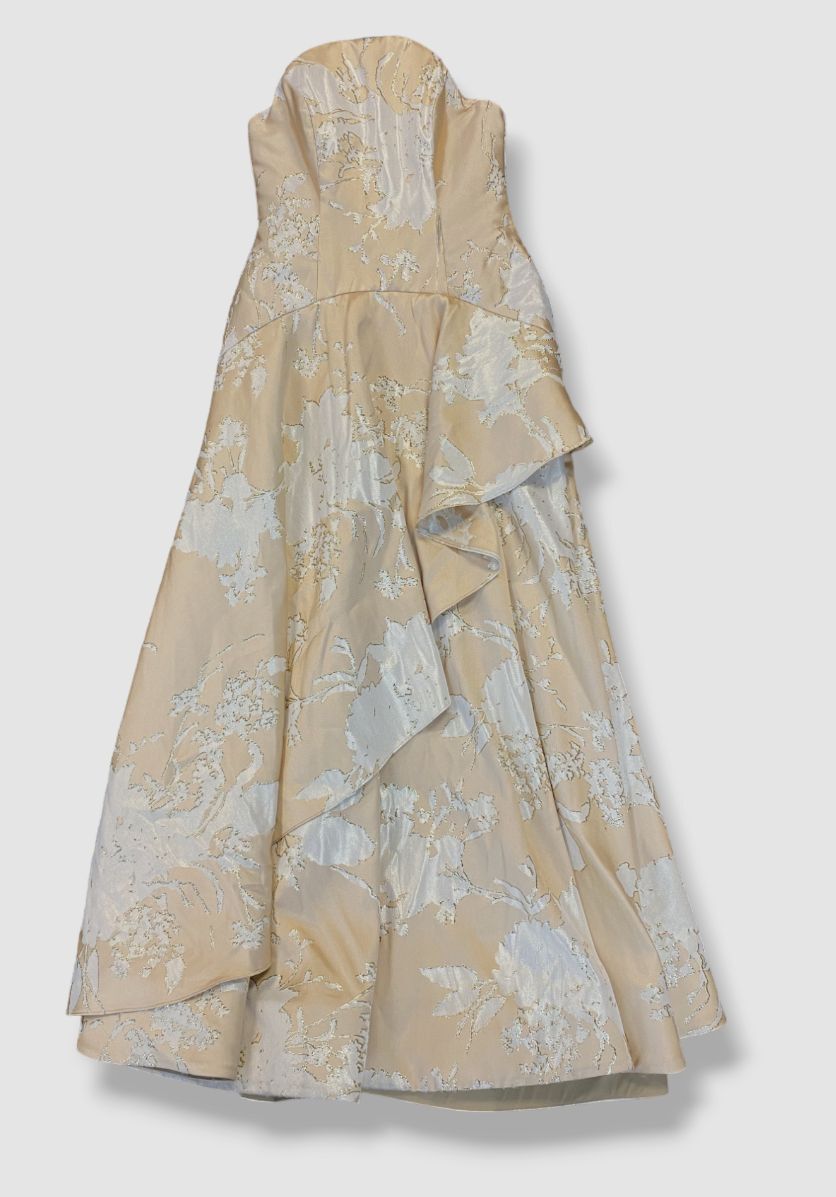 $1795 Rene Ruiz Women's Beige Strapless Metallic Jaquard Gown Dress Size 8