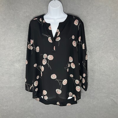 Daniel Rainn Floral Blouse Split Neck 3/4 Sleeve Black Top Sheer Lightweight XL