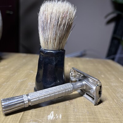 Vintage Opal Pure Bristle No. 5 Shaving Brush w/ Black Handle + Gillette Safety