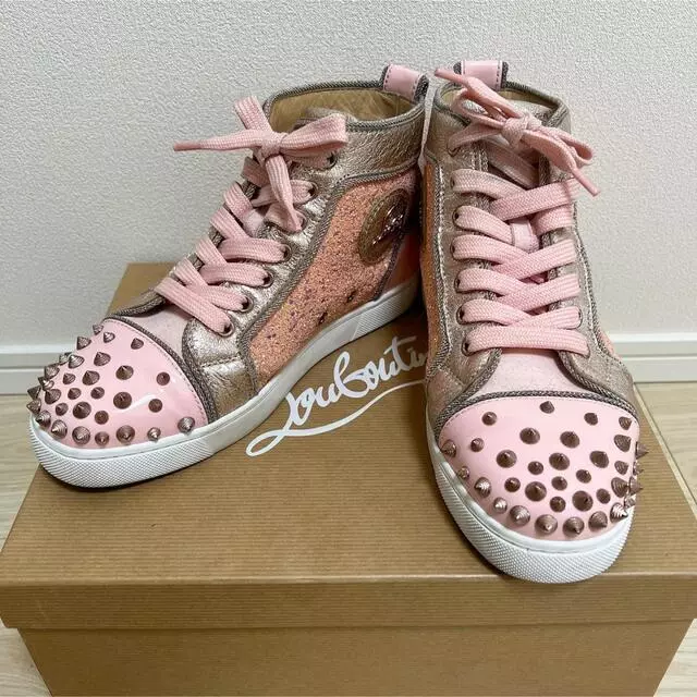 CHRISTIAN LOUBOUTIN Lou Degra Spikes Flat Glitter Pink Sneakers Size 37.5  US 7.5