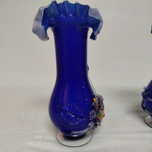 (2) Hand Blown Murano Glass Cobalt Blue Vases Ruffle Top Floral Vintage! - Picture 2 of 7
