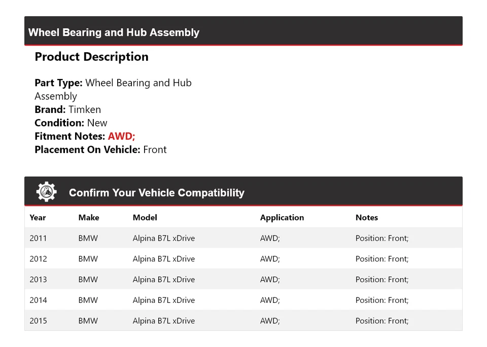 Conjunto de cojinete de rueda y buje delantero Timken para BMW Alpina B7L xDrive 2011-2015 AWD Foto 2 de 4