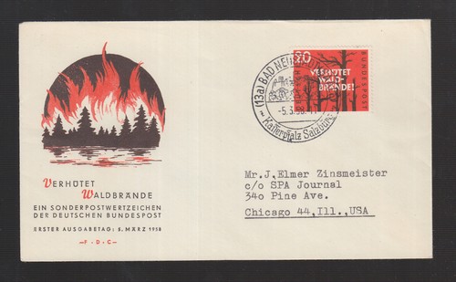 Bund BRD Germany 1958 FDC/Brief -  Waldbrand Verhütung - ausgebranntes Waldstück