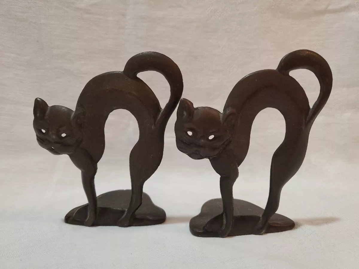 2 Vintage Halloween Arched Back Black Scaredy Cat Cast Iron Metal