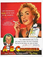 1949 CHESTERFIELD Genuine Vintage Print Ad Cigarettes 10" X 14" Joan Crawford