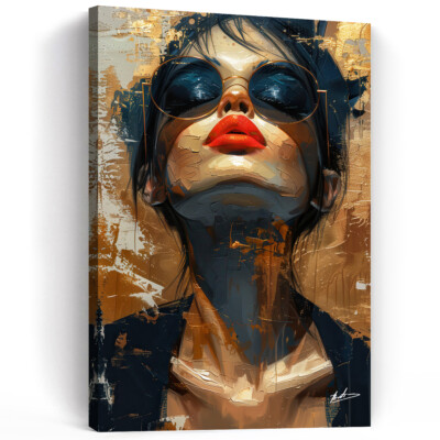 Leinwand Bild Frau Rote Lippen Sonnenbrille Erotik Wandbilder Wohnzimmer 5213A