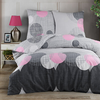 Bettwäsche 135x200 Baumwolle 2 tlg. Renforce Grau Pink Kreise Reißverschluss